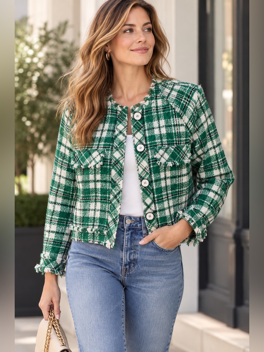 CAbi Sophia Jacket M Green Plaid Tweed Fringe Cropped Blazer 5653